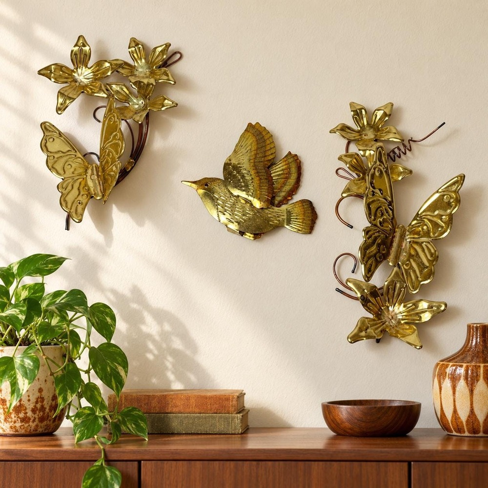 HOMCO Home Interiors Brass Butterfly Hummingbird Wall Decor Set of 3 Gold Floral